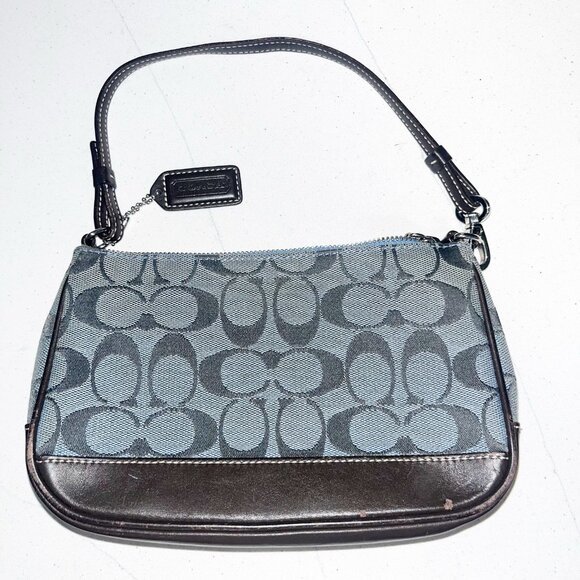 Vintage Coach Signature Demi Mini Hand Bag Blue Canvas Leather H4.8"×W8" 6094 - Picture 1 of 10